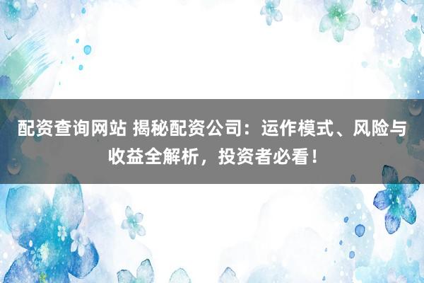 配资查询网站 揭秘配资公司：运作模式、风险与收益全解析，投资者必看！